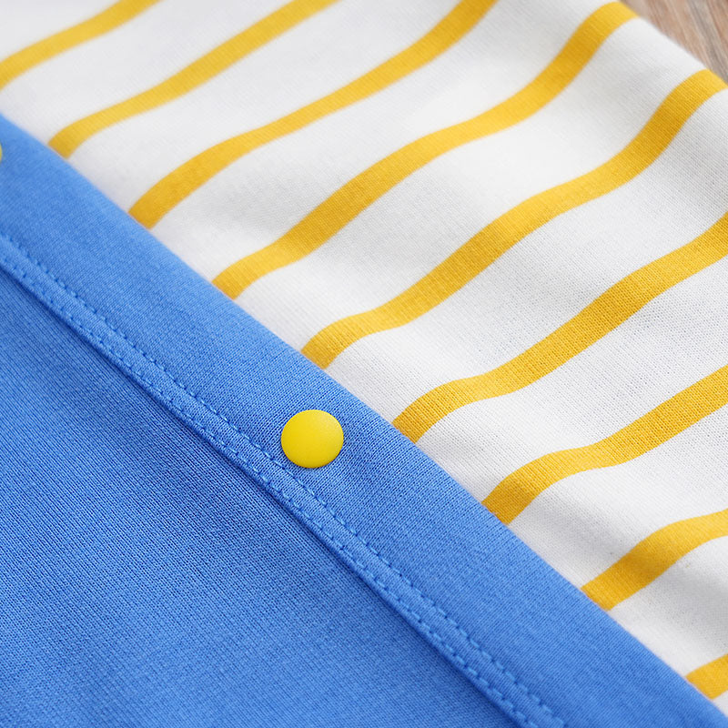 Builder Themed Baby Outfit for Boys - Tiny Builder Jumpsuit featuring yellow snap button on blue fabric with white and yellow stripes