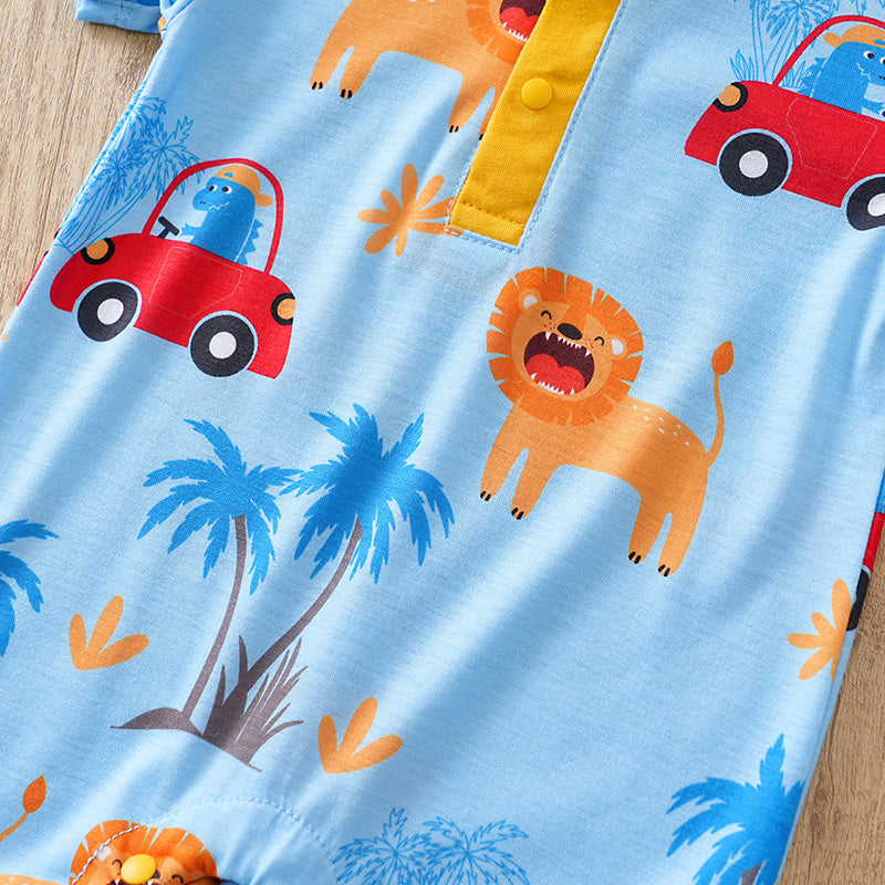 Lion & Wheels Playtime Romper for Boys - Soft, Breathable Fabric & Fun Design with playful lion and red car prints on baby jumpsuit