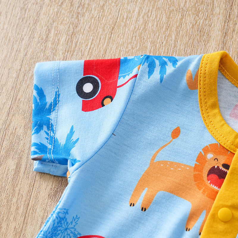 Lion & Wheels Playtime Romper for Boys - Soft infant romper with playful lion and car prints on breathable toddler clothing fabric
