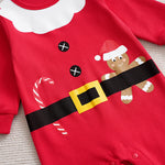 Adorable Baby Santa Jumpsuit & Hat Set - Soft Fabric, Easy Snap Closures, Holiday Fun with festive gingerbread and candy print baby outfit