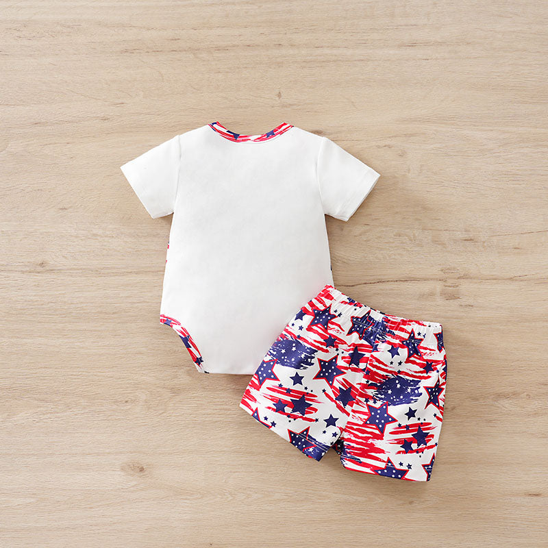 Baby Fourth Of July Apparel - Unisex Little Patriot All American Clothing Set by Hushies with star and flag print shorts and bodysuit