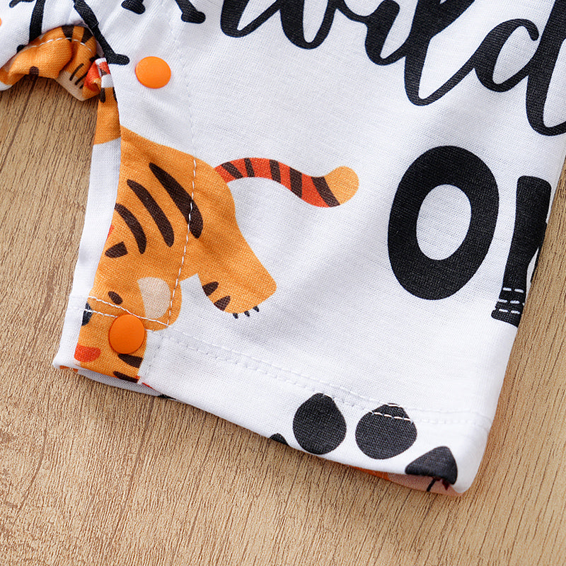 Adorable Little Roar Baby Boy Romper - Cute & Comfortable Outfit featuring orange snap buttons and tiger print on soft white fabric