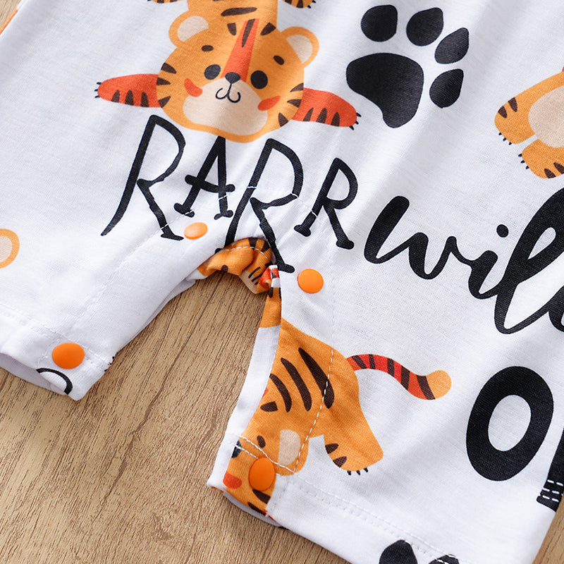 Adorable Little Roar Baby Boy Romper - Cute & Comfortable Outfit with tiger print and orange snap button closure on white fabric