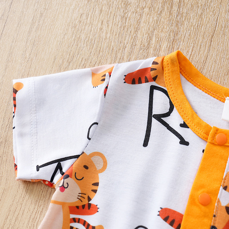 Adorable Little Roar Baby Boy Romper - Cute & Comfortable Outfit featuring tiger print and orange snap buttons on white fabric