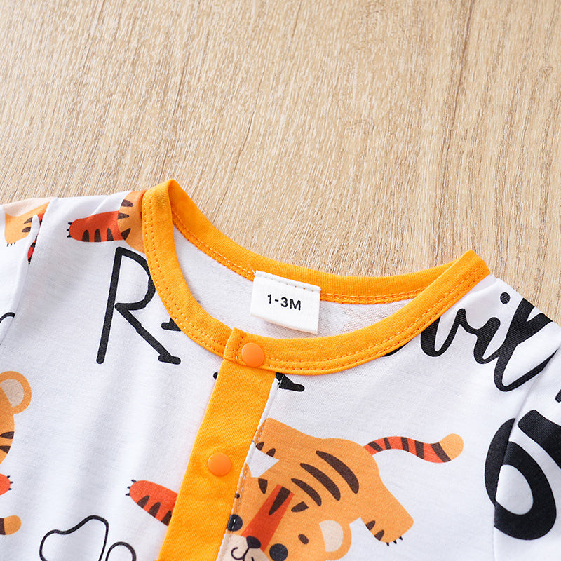 Adorable Little Roar Baby Boy Romper - Cute & Comfortable Outfit with tiger print and orange snap button detail on white fabric