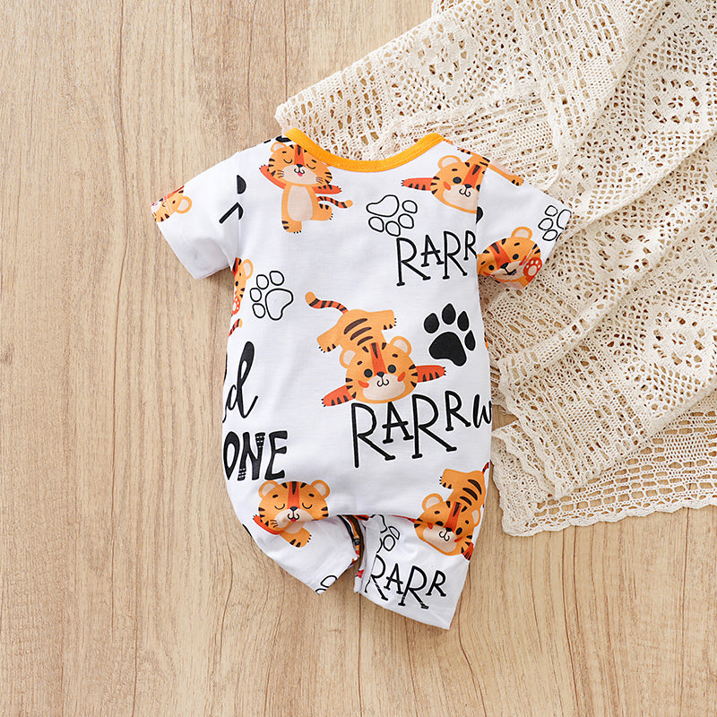 Adorable Little Roar Baby Boy Romper - Cute & Comfortable Outfit with playful tiger print and snap button closures on white fabric