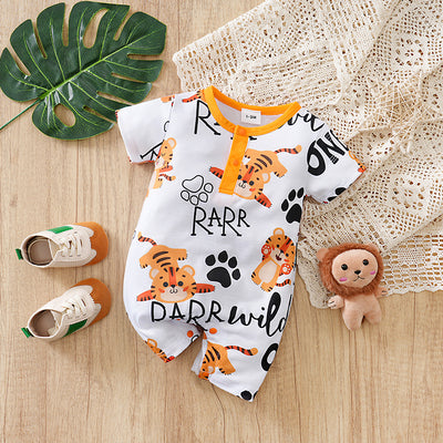 Adorable Little Roar Baby Boy Romper - Cute & Comfortable Outfit with playful tiger print and snap buttons on white fabric