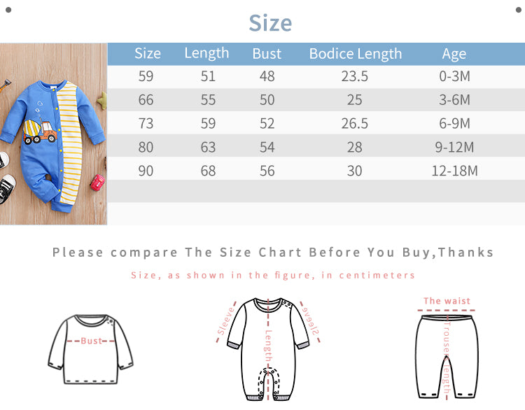 Builder Themed Baby Outfit for Boys - Tiny Builder Jumpsuit size chart with measurements and age guide for infant clothing
