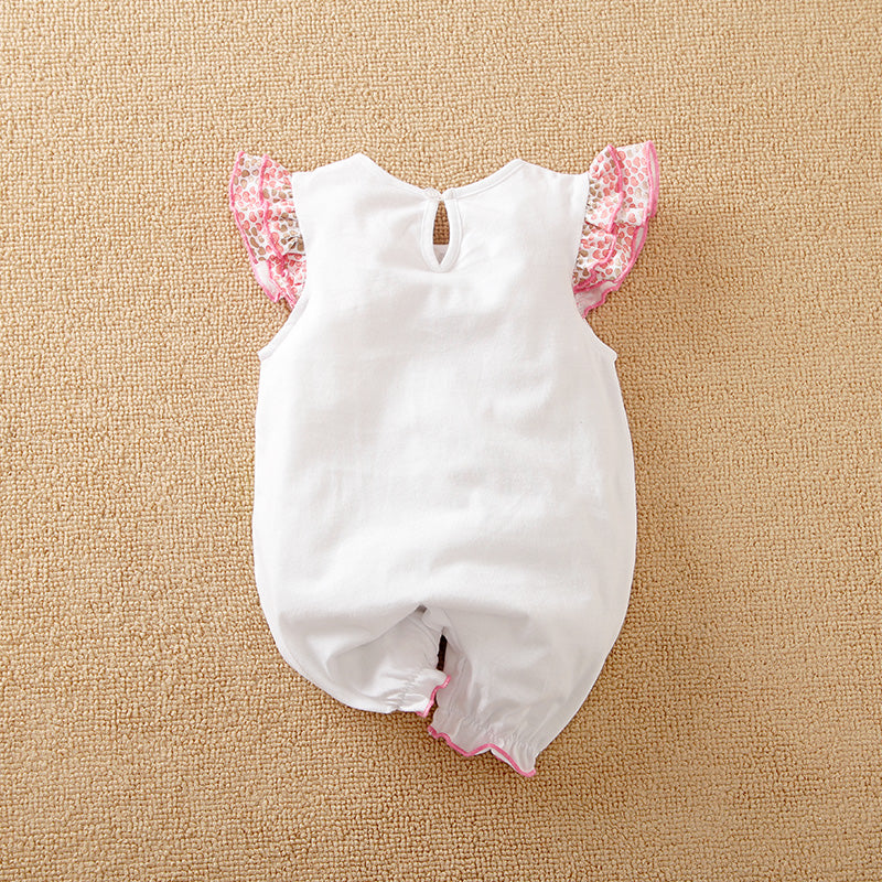 The Adorable 1-Piece Deer & Zebra Print Baby Romper features soft, breathable fabric and ruffle sleeves. This charming baby outfit includes a keyhole button closure at the back and pink trim, perfect for standout style.