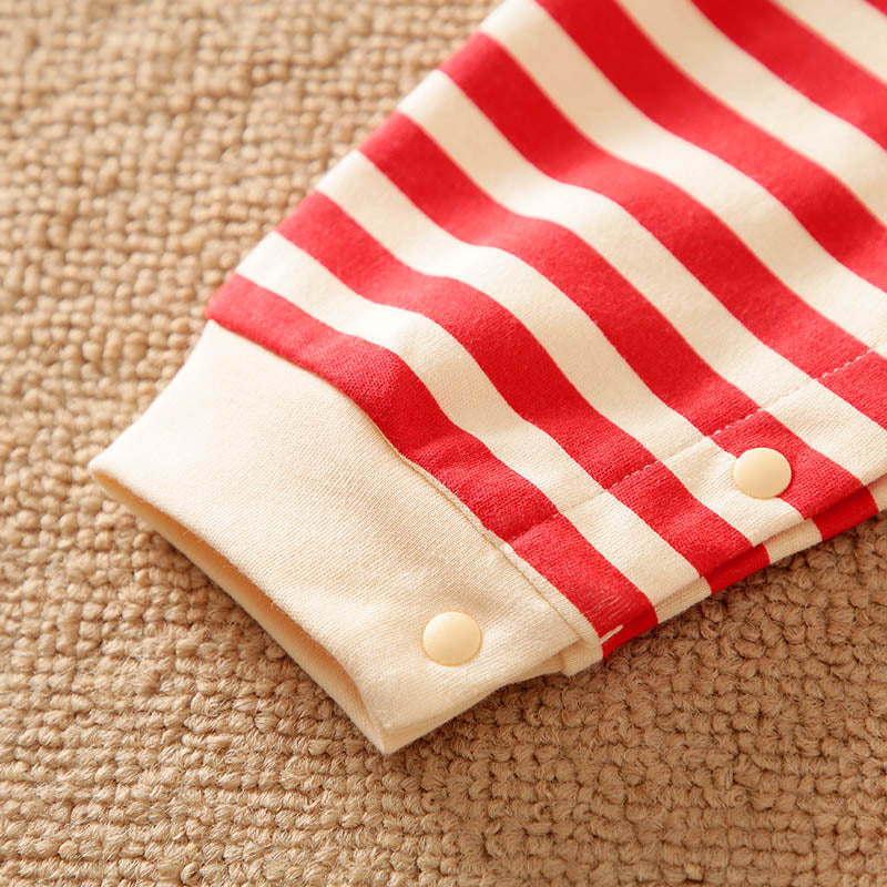 Holiday Jumpsuit For Baby With Playful Elk Design And Cozy Red Stripes featuring striped cuff and snap button closure baby clothing sleeve detail