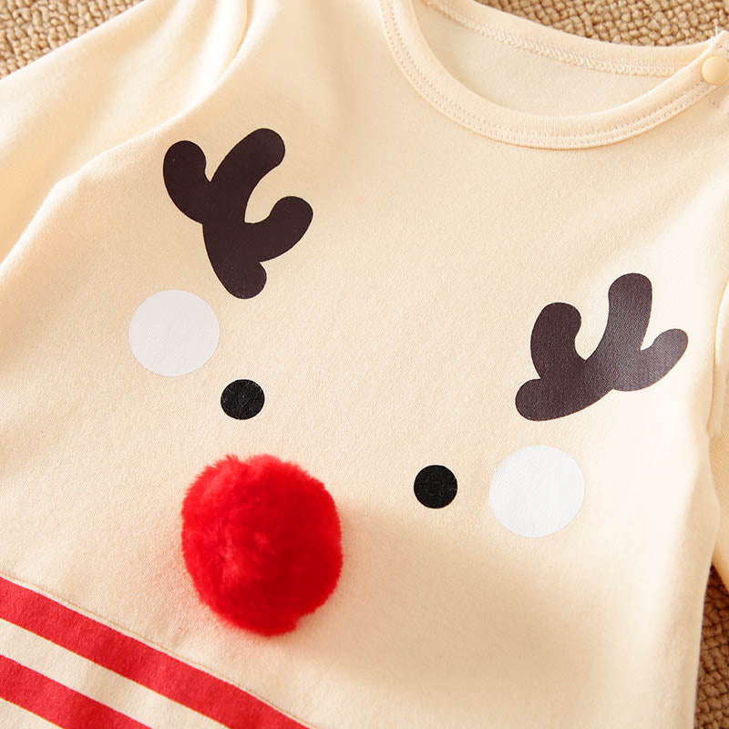 Holiday Jumpsuit For Baby With Playful Elk Design And Cozy Red Stripes featuring soft cream fabric with fuzzy red nose detail and snap buttons