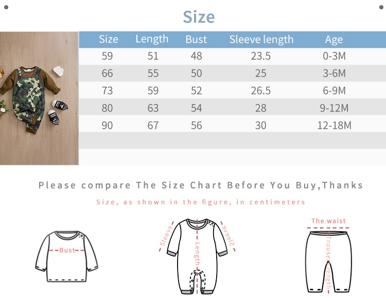 Cute Baby Boy Camouflage Print Jumpsuit | Stylish Camouflage Baby Clothes size chart with measurements for infant and toddler clothing