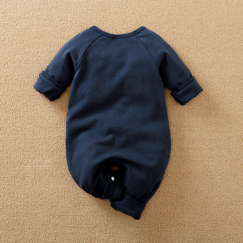 Baby Jumpsuit Nighty Night Hushies - Unisex Soft Cotton navy blue infant sleepwear with snap button detail and cuffed sleeves