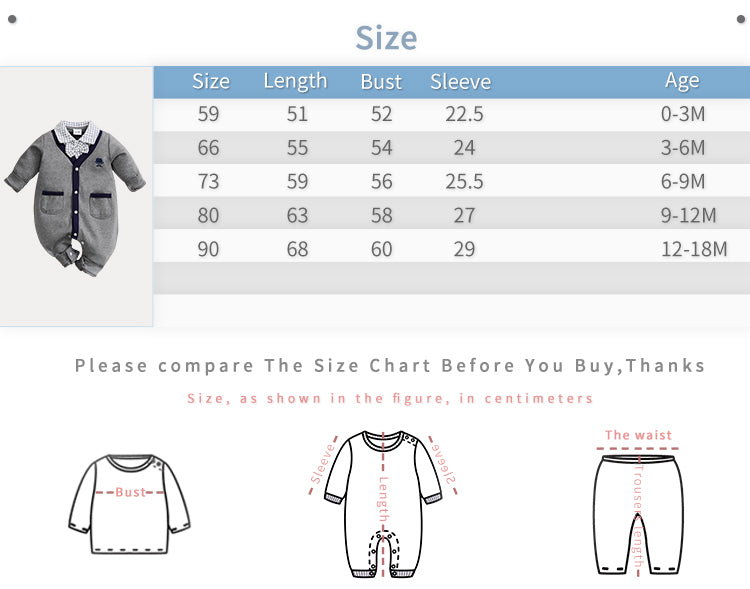 Baby Boy Cotton Gentleman Outfit - Soft, Stylish, Eco-Friendly Jumpsuit with Classic Design size chart and measurement guide in centimeters