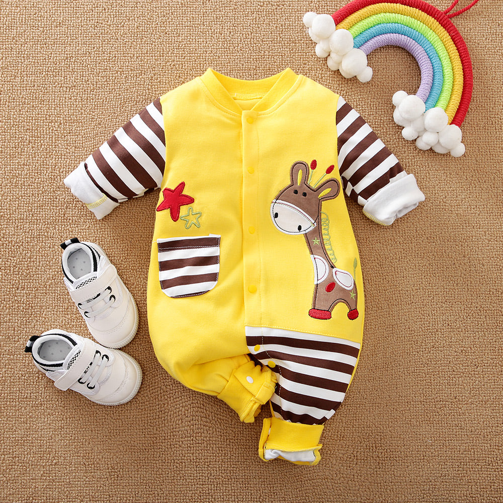Bright yellow baby jumpsuit with a giraffe appliqué and brown striped accents.