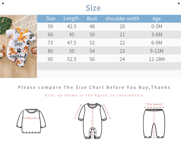 Adorable Little Roar Baby Boy Romper - Cute & Comfortable Outfit with size chart and measurement guide for infant baby clothing