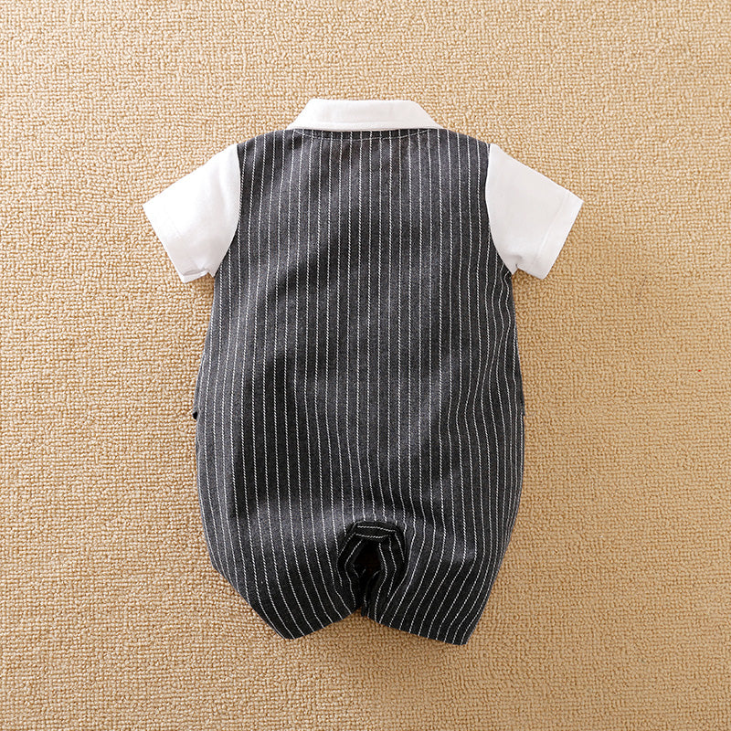 Gentleman Outfit for Baby Jumpsuit - Pinstripe Set | Hushies showing back view of baby romper with white sleeves and pinstripe body