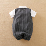 Gentleman Outfit for Baby Jumpsuit - Pinstripe Set | Hushies showing back view of baby romper with white sleeves and pinstripe body