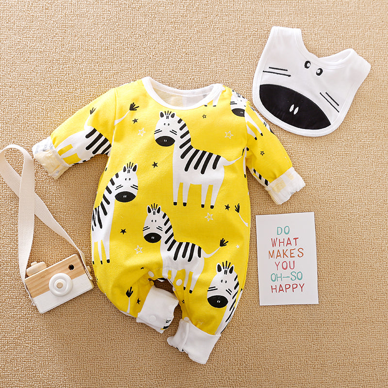 Unisex Baby Clothing Zebra Jumpsuit with Bib | Hushies yellow zebra print infant jumpsuit with matching bib and snap buttons