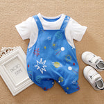 Cozy Baby Blue Romper with Star Print by Hushies - Easy Snap Closure, Soft Cotton featuring colorful space-themed motifs and white short sleeve top