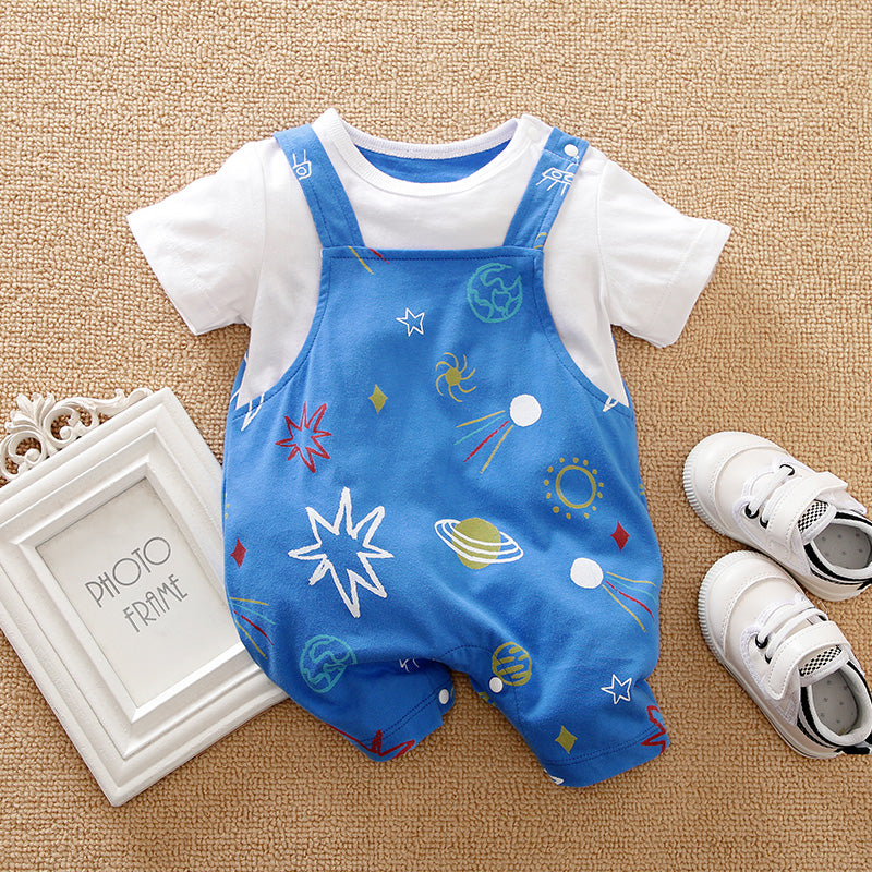 Cozy Baby Blue Romper with Star Print by Hushies - Easy Snap Closure, Soft Cotton featuring colorful space-themed motifs and white short sleeve top