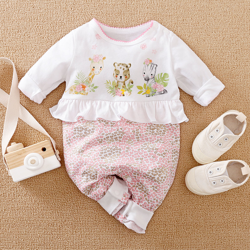 Cute white and pink baby jumpsuit featuring cartoon safari animals and heart print.