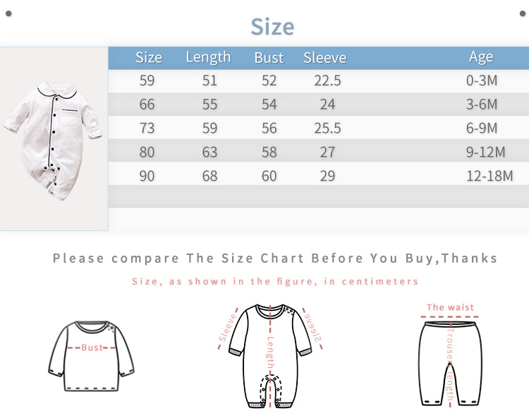 Baby sleepwear size chart with measurements and age ranges