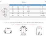 Baby sleepwear size chart with measurements and age ranges