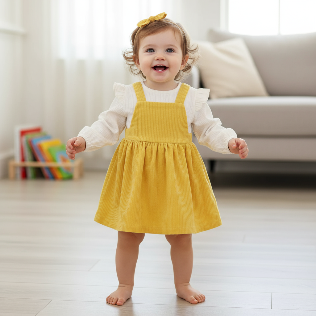 Baby wearing a yellow long sleeve dress with ruffles, smiling and standing indoors, showcasing the soft cotton comfort of the dress.