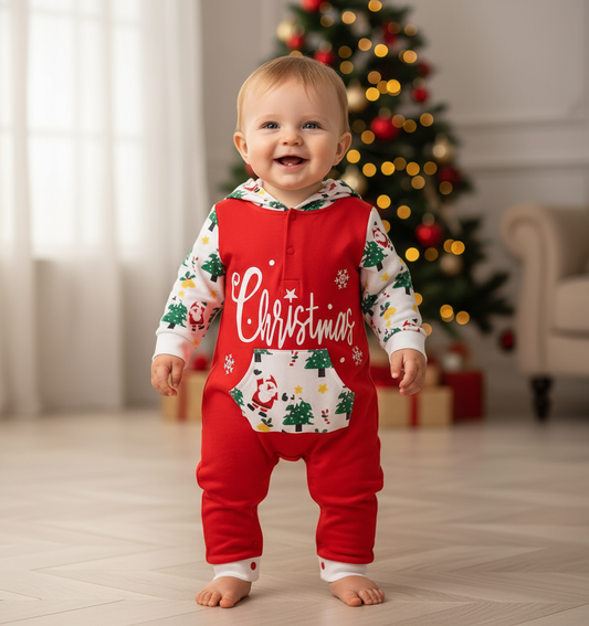 Joyful baby in a Cozy Gender Neutral Baby Christmas Jumpsuit With Hood, showcasing cheerful Christmas designs while sitting near a Christmas tree, perfect for holiday memories.