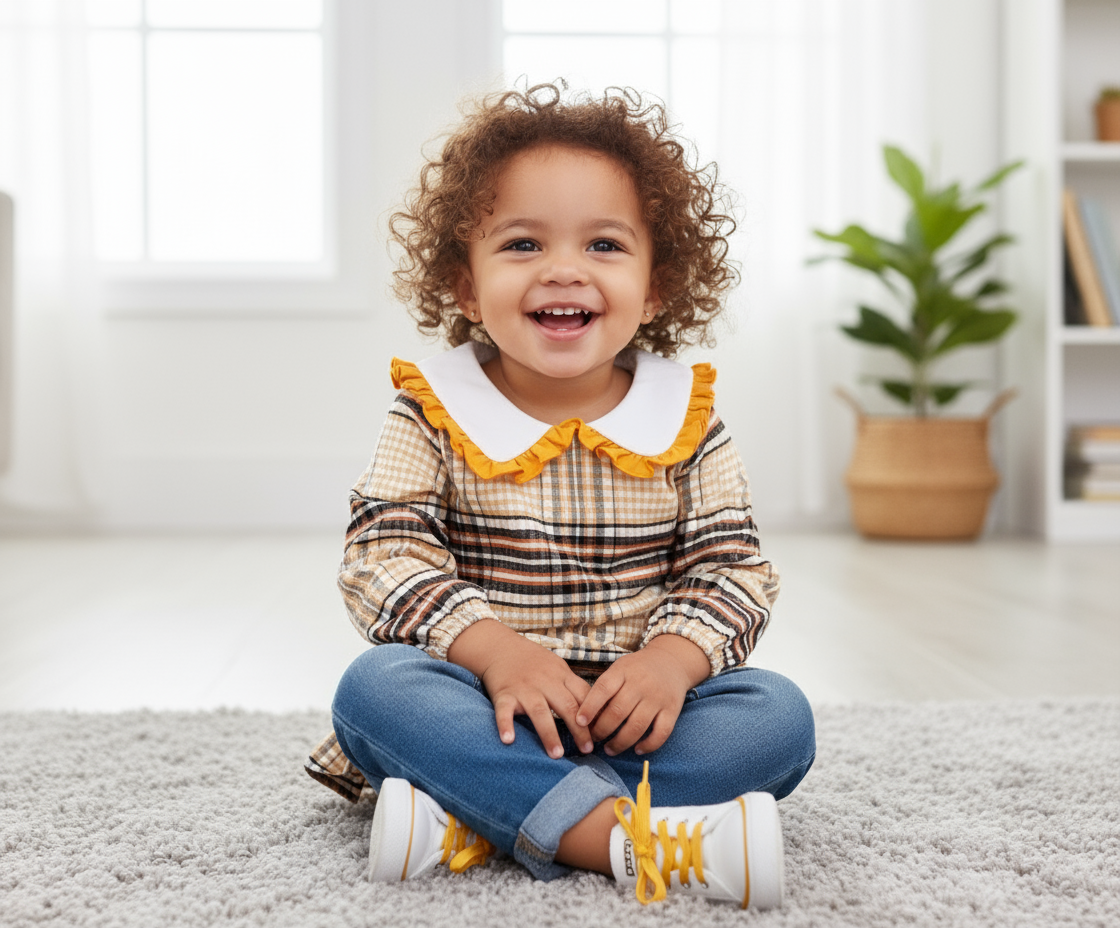 Cheerful toddler girl sitting and smiling in a fashionable plaid shirt featuring a frilled collar and long sleeves, highlighting her cute style in this comfortable outfit.