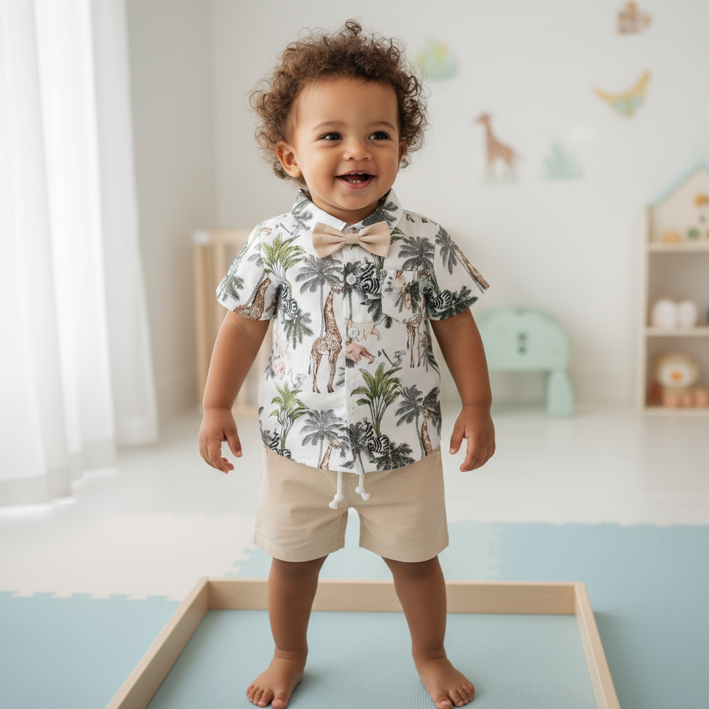 Toddler Boy Wildlife Shirt and Shorts Set for Toddlers with Bow Tie, featuring a happy child in a playful setting, perfect for adventurous outings. Ideal shorts set for toddlers.