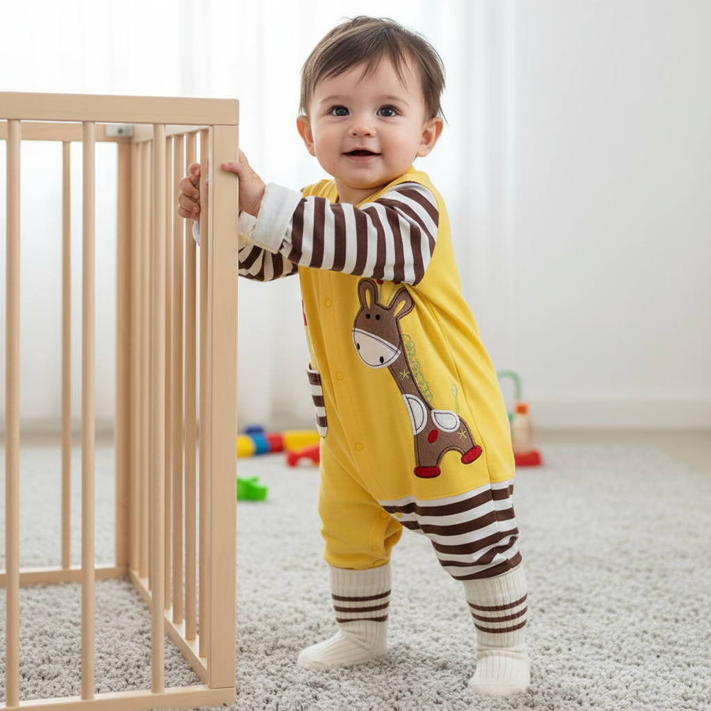 Baby Boy Jumpsuit in Soft Cotton with Giraffe & Star Designs, Snap Closure & Striped Sleeves, featuring a smiling baby standing by a crib wearing the vibrant yellow jumpsuit.