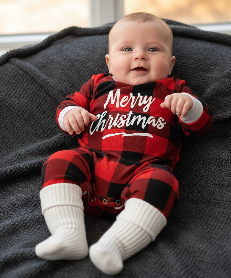 Happy baby in a cozy Gender Neutral Baby Jumpsuit with festive plaid design, relaxing on a soft blanket. Perfect for winter snuggles.