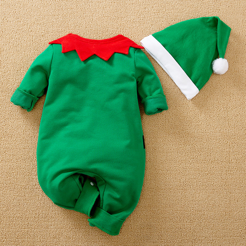 Green Elf Jumpsuit Babies | Soft Gender Neutral Holiday outfit with festive collar and matching hat for infant comfort