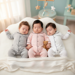 Baby Girl Cotton Pajamas for Babies - Soft Long Sleeve, Snap Button Closure in Pink, three peacefully sleeping infants in cozy cotton pajamas on a fluffy blanket.