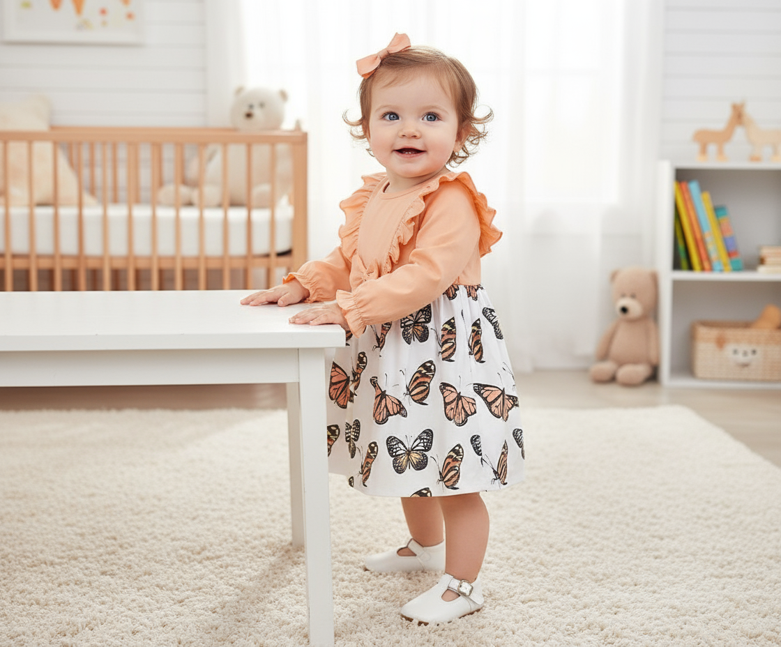 Happy baby in an Adorable Baby Butterfly Dress with long sleeves, standing and smiling, designed with a charming butterfly print for special moments.