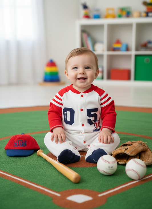 Baby wearing Baseball Themed Baby Outfit - Infant MVP Cotton Footed Jumpsuit, smiling while sitting on a baseball-themed play mat with sporty accessories.