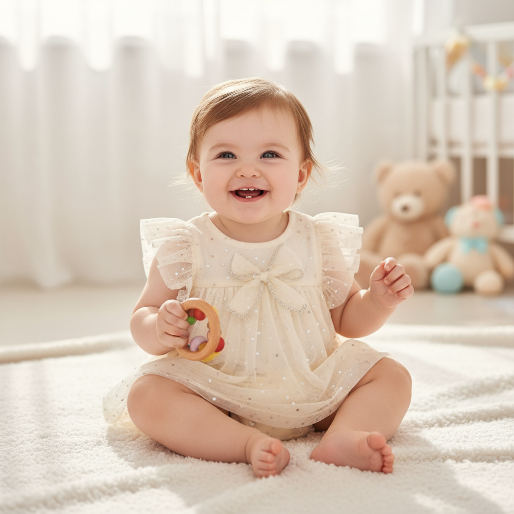 Happy baby girl wearing a Baby Girl Romper Dress - Ivory with Sparkle Accents, Bow Detail & Ruffled Sleeves, sitting on the floor with a cheerful smile.