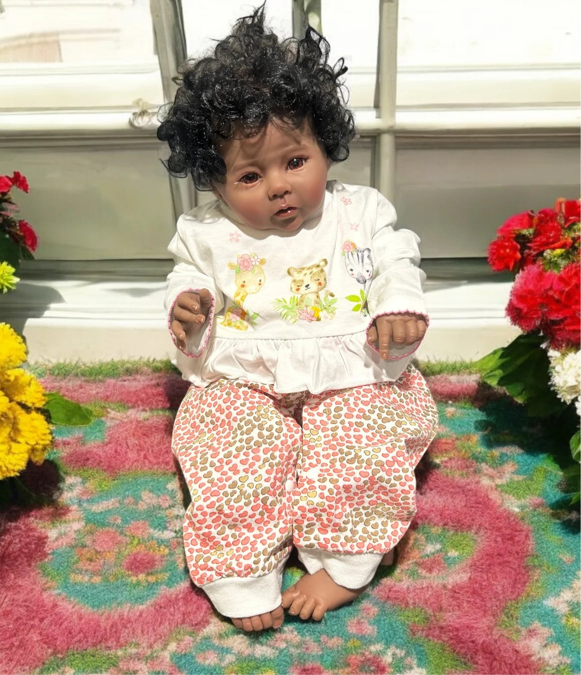 A delightful baby doll in a love-themed jumpsuit sits on a colorful rug adorned with flowers, capturing a playful spirit.