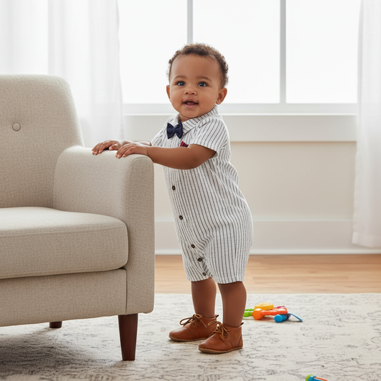Baby Outfit With Bow Tie: Hushies Striped Jumpsuit for Boys - Soft & Stylish Comfort, featuring a toddler standing by a sofa in a charming striped jumpsuit with a bow tie and stylish shoes.