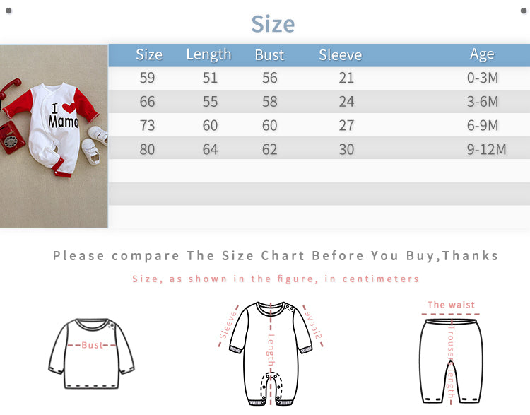 I Love You Mama Baby Jumpsuit - Soft Cotton, Easy Snap, Perfect Gift for New Parents with size chart and measurement guide