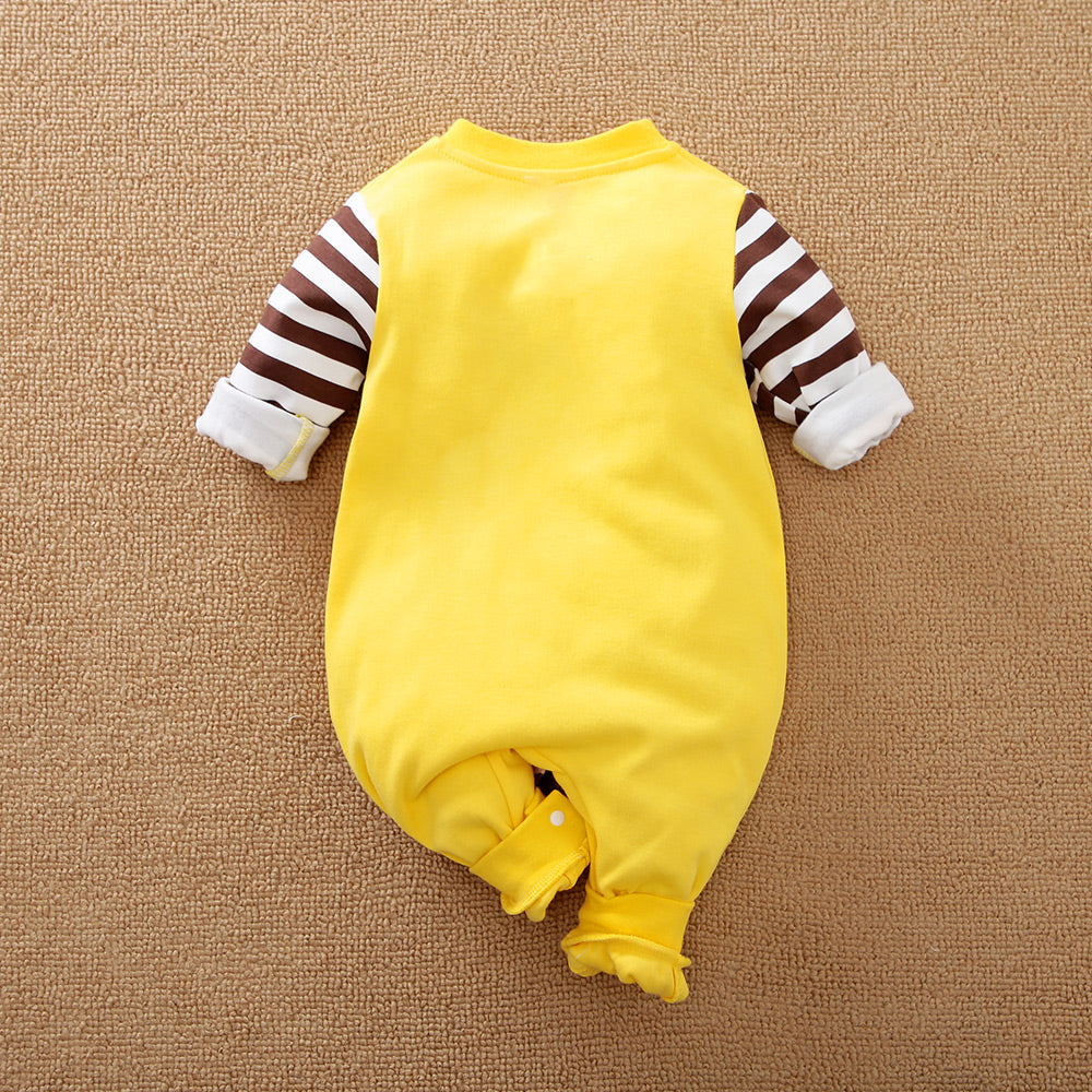 Yellow baby cotton jumpsuit with brown and white striped sleeves and snaps, back view.