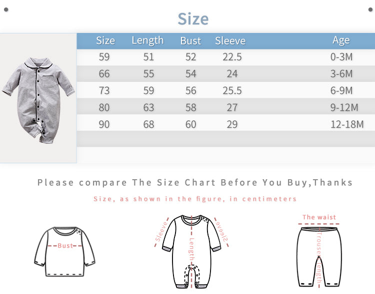 Baby Pajamas size chart with measurements and age range