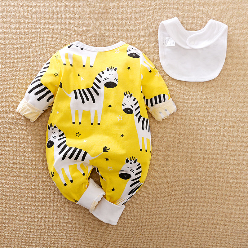 Unisex Baby Clothing Zebra Jumpsuit with Bib | Hushies yellow infant jumpsuit with playful zebra print and matching white bib