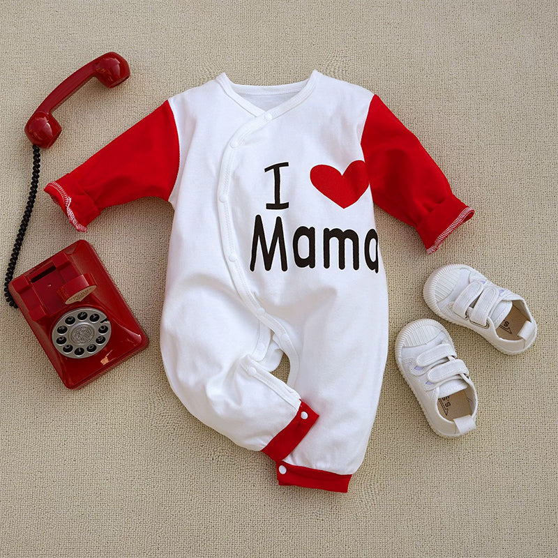 I Love You Mama Baby Jumpsuit - Soft Cotton, Easy Snap, Perfect Gift for New Parents with red sleeves and snap buttons