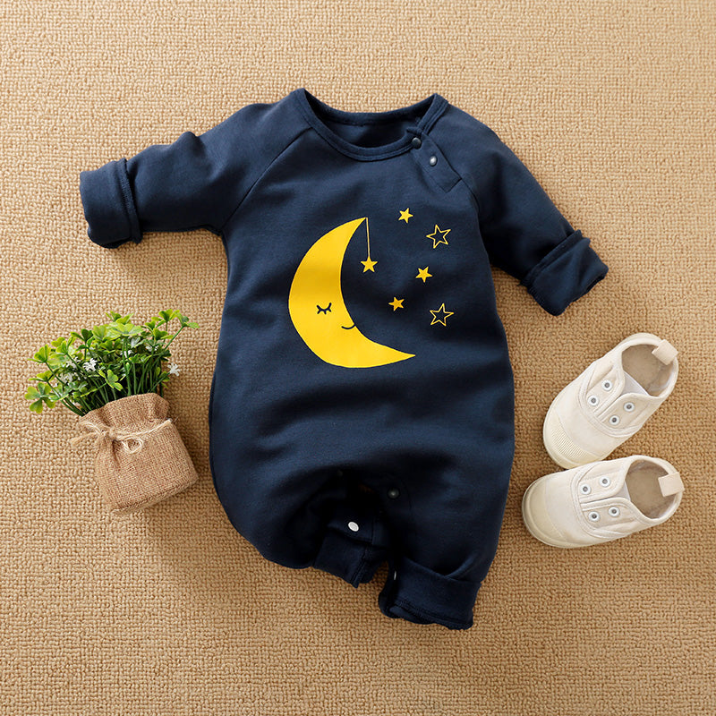 Baby Jumpsuit Nighty Night Hushies - Unisex Soft Cotton navy blue infant jumpsuit with moon and stars design and snap buttons