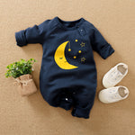 Baby Jumpsuit Nighty Night Hushies - Unisex Soft Cotton navy blue infant jumpsuit with moon and stars design and snap buttons