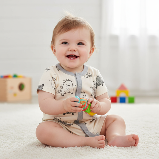 A happy baby wearing an adorable unisex baby romper with a playful cartoon print from Hushies, sitting on a soft rug and holding a colorful toy.