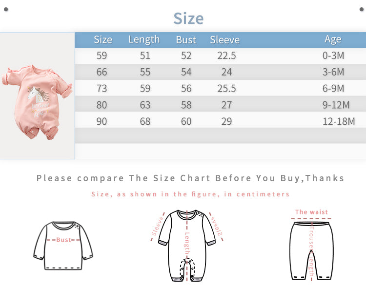 Unicorn Baby Jumpsuit Pink Romper | Hushies Soft Bow size chart showing measurements for infant baby clothing